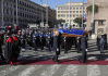 Rakev s ostatky Davida Sassoliho před v kostelem na náměstí Republiky v Římě, kde se 14. ledna 2022 konal státní pohřeb zesnulého předsedy Evropského parlamentu.