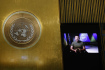 Prezident Ukrajiny Volodymyr Zelenskyj během video projevu v OSN 21. září 2022.