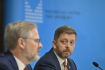 Ilustrační foto - Premiér Petr Fiala a ministr vnitra Vít Rakušan vystoupili na tiskové konferenci po bilanční návštěvě premiéra na ministerstvu vnitra, 18. října 2022, Praha.