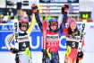 Závod Světového poháru v sjezdovém lyžování (slalom ženy), 28. ledna 2023, Špindlerův Mlýn, Trutnovsko.Zleva druhá Lena Dürrová z Německa, vítězka Mikaela Shiffrinová z USA a třetí Wendy Holdenerová ze Švýcarska.