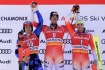 Vítězové slalomu SP mužů v Chamonix, zleva AJ Ginnis z Řecka, Švýcar Ramon Zenhäusern a Daniel Yule ze Švýcarska, 4. února 2023.
