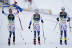 Mistrovství světa v lyžování v Planici. Na snímku zleva švédské lyžařky Emma Ribomová, Jonna Sundlingová a Maja Dahlqvistová ve Slovinsku 23. února 2023.