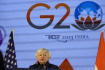 Americká ministryně financí Janet Yellenová na tiskové konferenci během setkání zástupců skupin velkých světových ekonomik G20, 23. února 2023. 