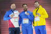 Halové mistrovství Evropy v atletice v Istanbulu, medailisté závodu ve vrhu koulí. Zleva stříbrný Tomáš Staněk z Česka, zlatý Zane Weir z Itálie a bronzový Roman Kokoško z Ukrajiny. 3. března 2023. 