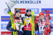 Vítězové sprintu SP biatlonistů v Oslu, 16. března 2023. Zleva Švéd Martin Ponsiluoma, Nor Johannes Thingnes Bö a Benedikt Doll Němec Benedikt Doll.