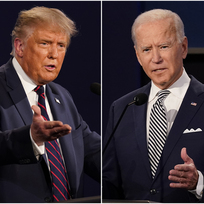 Republikánský kandidát na prezidenta USA Donald Trump (vlevo) a jeho demokratický oponent Joe Biden.