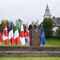 Německý kancléř Olaf Scholz na tiskové konferenci po skončená summitu zemé G7 v bavorském alpském zámku Elamu, 28. června 2022.
