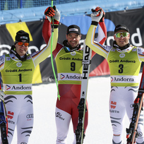 Alpine Ski World Cup Finals 2023 - Andorra. Na snímku zleva Romed Baumann, Vincent Kriechmayr a Andreas Sander v Soldeu 15. března 2023.