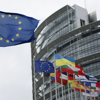 Vlajky před sídlem Evropského parlamentu ve Štrasburku.
