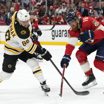 Ilustrační foto - David Pastrňák z Bostonu (vlevo) a Marc Staal z Floridy v utkání play off hokejové NHL, které se hrálo 28. dubna 2023.