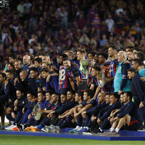 Utkání  37. kola španělské fotbalové ligy  FC Barcelona - Mallorca, 28. května 2023. Fotbalisté Barcelony se radují ze zisku titulu. 
