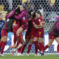 Mistrovství světa fotbalistek - čtvrtfinále:Španělsko - Nizozemsko, 11. srpna 2023, Wellington. Hráčky Španělska se radují z vítězství.
