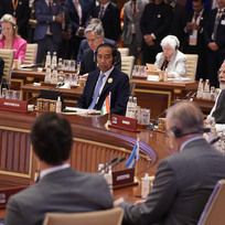 Indický premiér Naréndra Módí při projevu během úvodního zasedání summitu zemí skupiny největších ekonomik G20 v Dillí. 9. září 2023. 