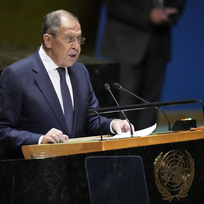 Ruský ministr zahraničí Sergej Lavrov během projevu na 78. zasedání Valného shromáždění OSN v New Yorku, 23. září 2023.