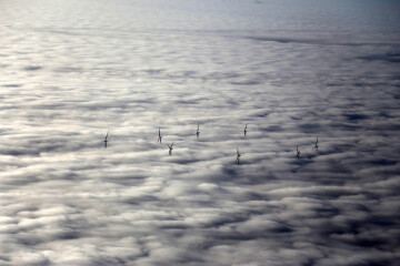 Větrné turbíny vyčnívají nad mlhou. Obnovitelná energie, větrná elektrárna, mlha - iustrační foto