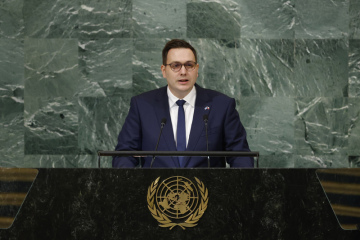 Český ministr zahraničí Jan Lipavský hovoří na zasedání Valného shromáždění OSN v New Yorku, 21. září2022.