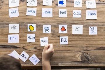 PR Článek - Meta title. Příklad 1. Malé dítě hraje s kartami slov a obrázků. Time to learn. Koncepce vzdělávání.