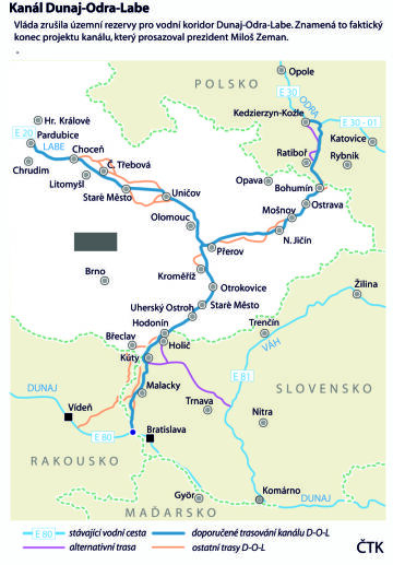 Plánovaný vodní koridor Dunaj-Odra-Labe. Ilustrační mapka oblasti. 
